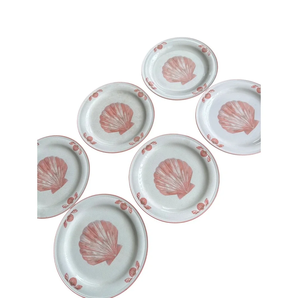 Sangostone Coquille Dinner Plates Set of 6 Pink Seashell Coastal Stoneware 10.75